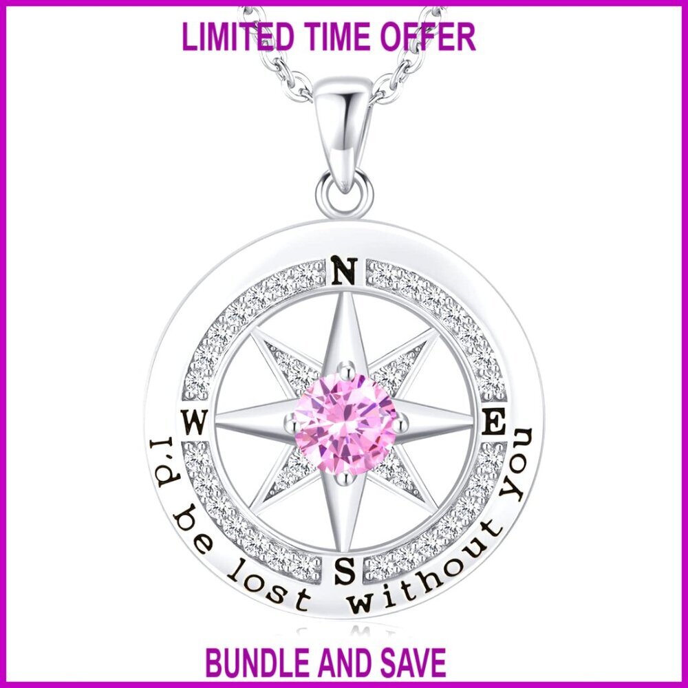 Sterling Silver Compass Pendant Necklace with Cubic Zirconia, 18K Gold Plated